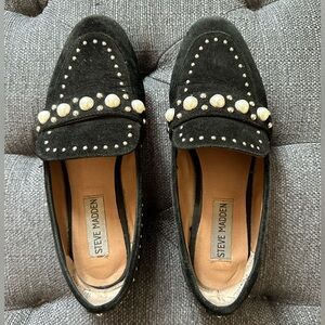 Steve Madden Loafers Black Velvet Texture Pearl Pearlyn (US 6)
